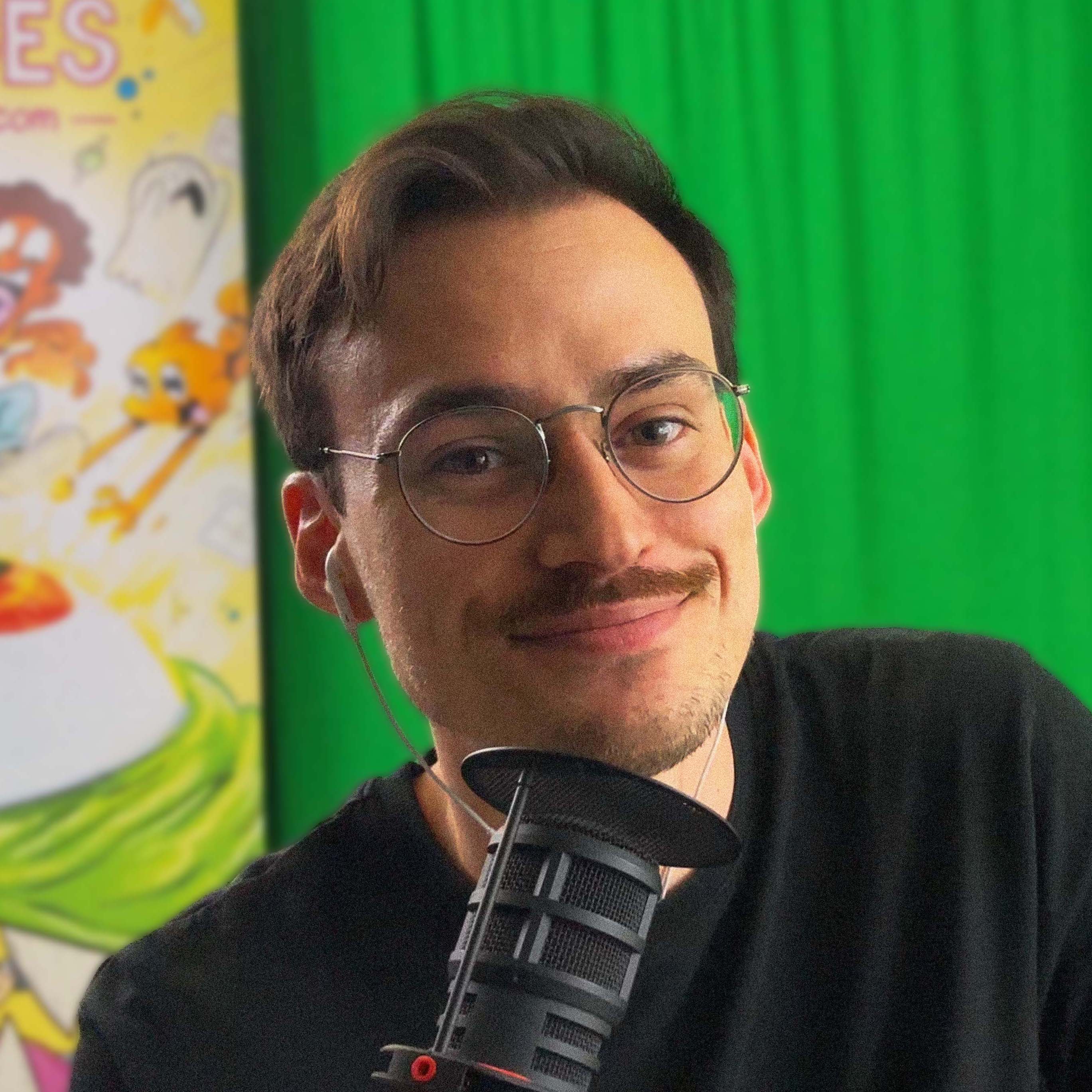 Dane Georges in front of his artwork with a microphone