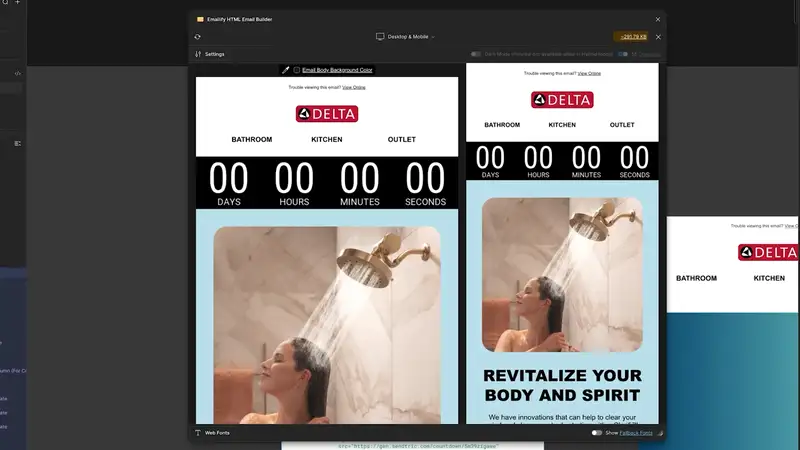 Animated responsive Delta Faucet HTML email shown in desktop and mobile layouts